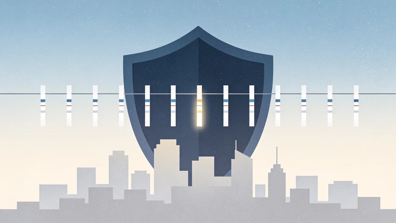Editorial illustration of small paper strips arranged as an early-warning signal over a city…
