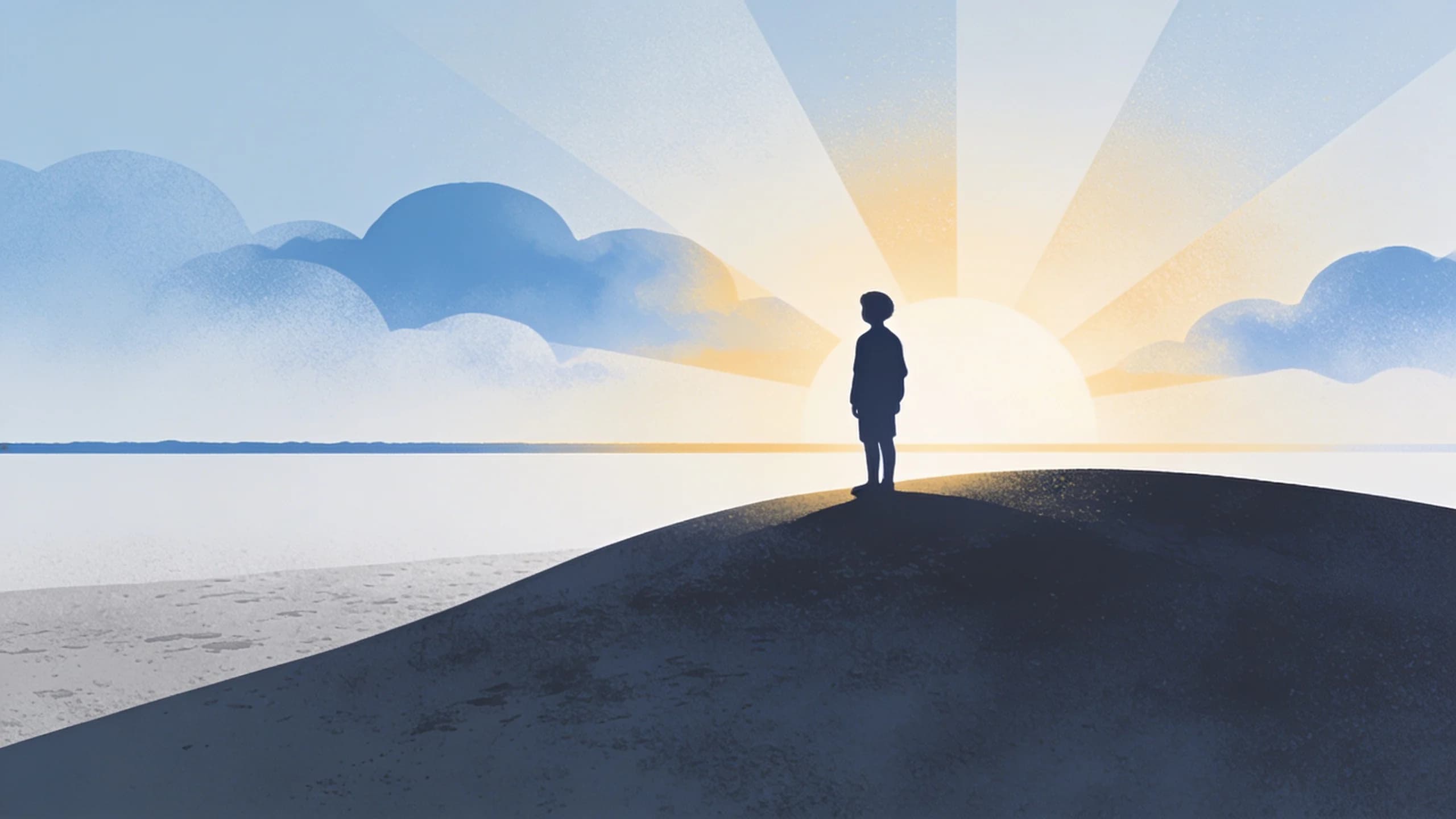 Silhouette of adolescent figure on hill at sunset, representing mental health challenges and hope