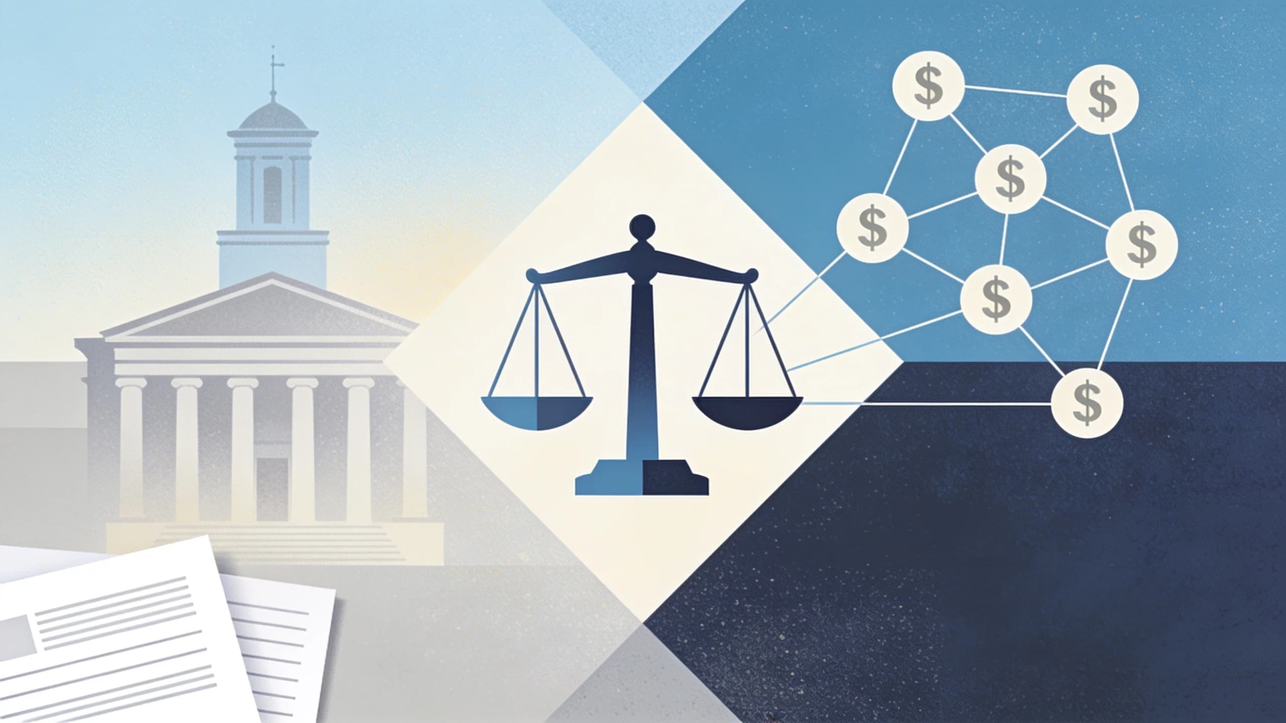 Louisiana courthouse with scales of justice and funding network visualization