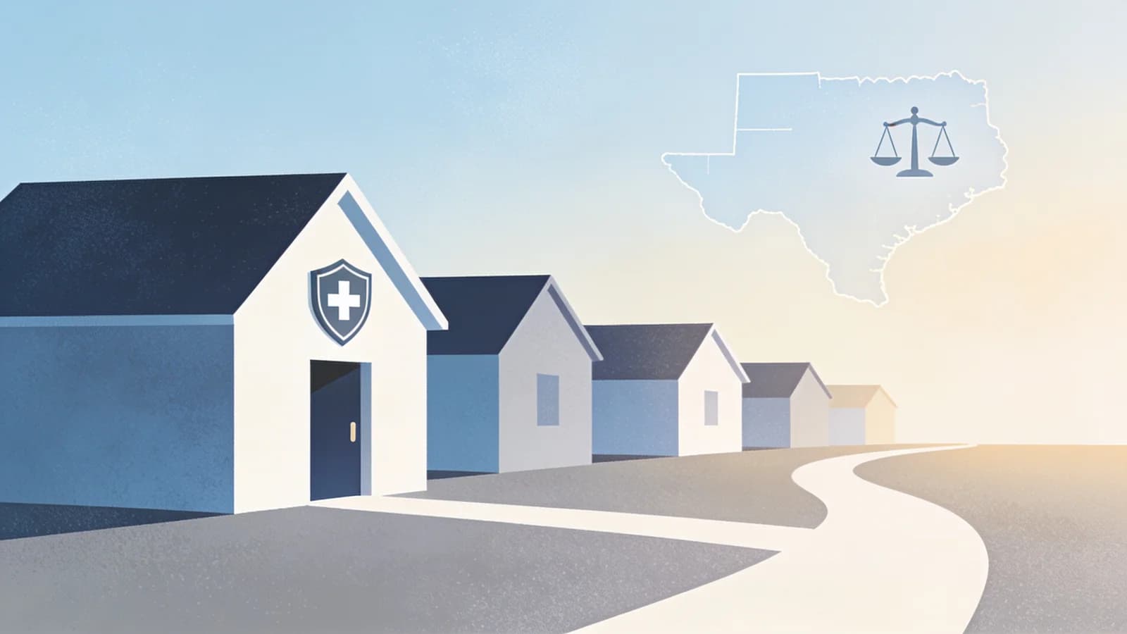 Row of suburban houses with a pathway and checkpoint markers representing recovery housing…