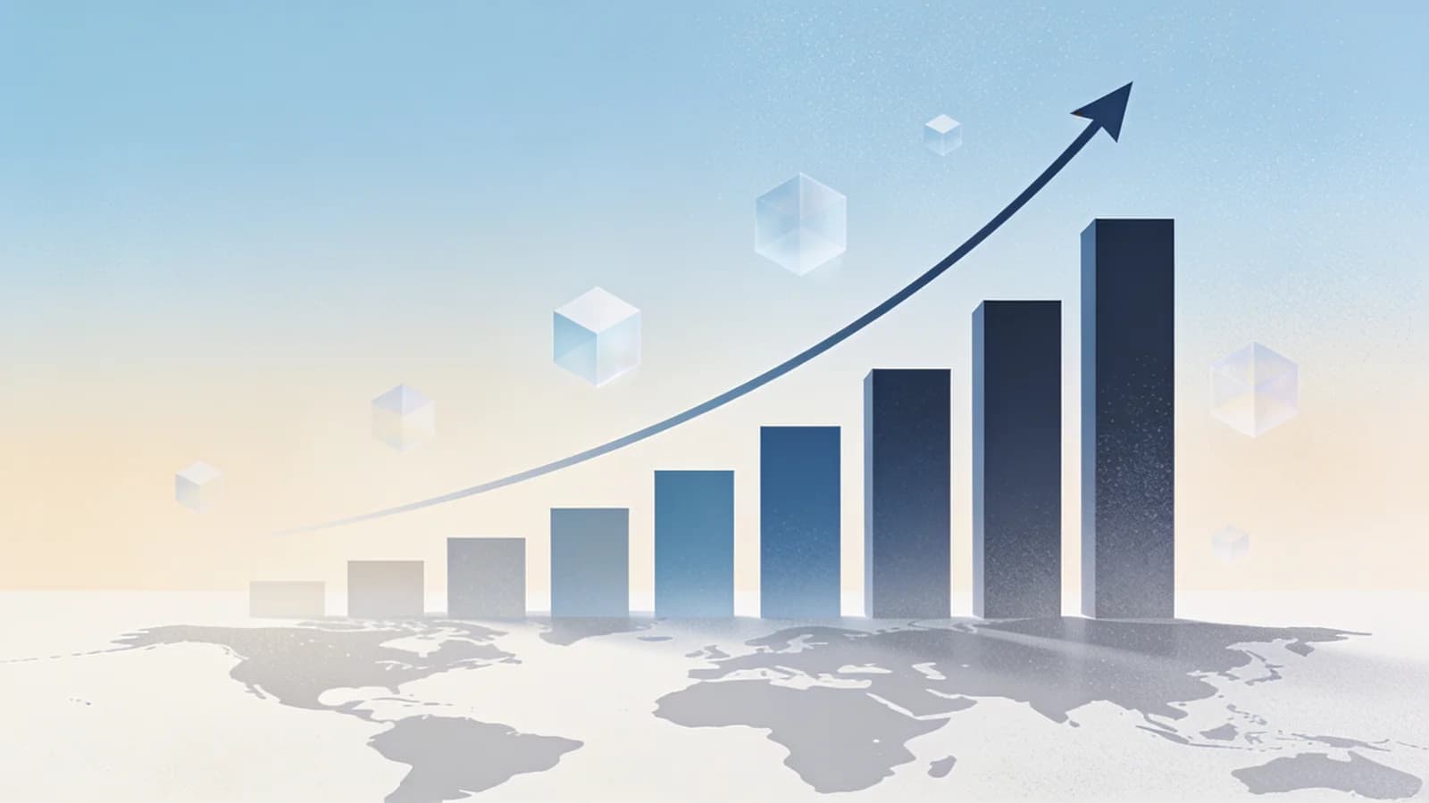 Rising bar chart silhouette over a subtle map outline with upward trend lines, clean editorial…