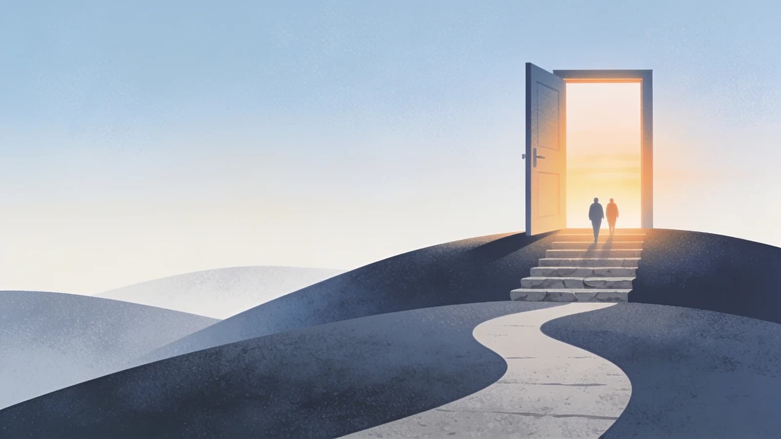 Open doorway with sunrise light and a pathway leading forward through gentle hills, clean…