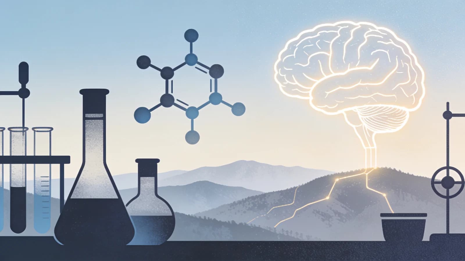 Clean editorial illustration of laboratory flasks and molecular structures over a calm blue…