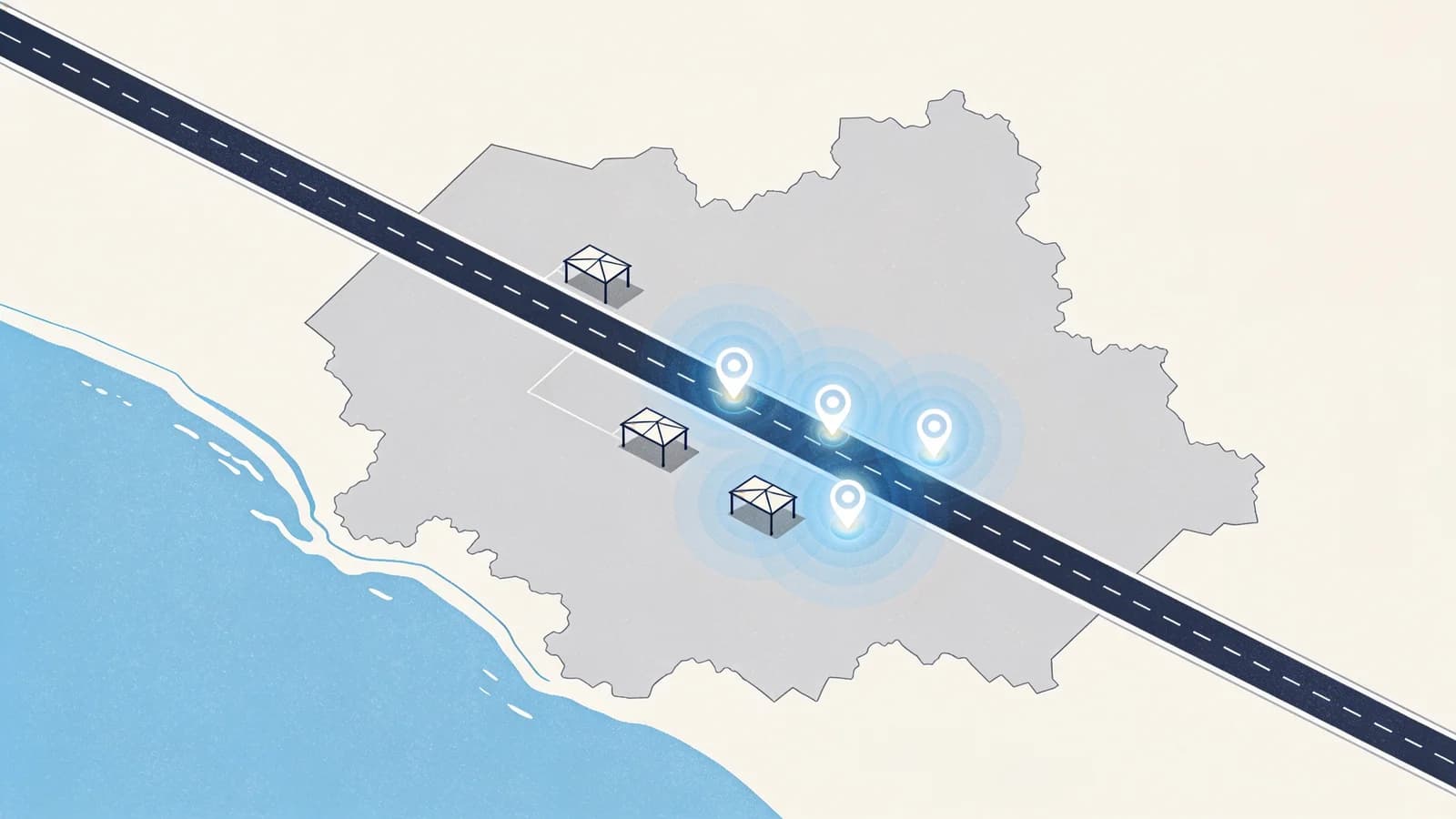 Editorial illustration of a stylized county map with clustered location markers along a highway…