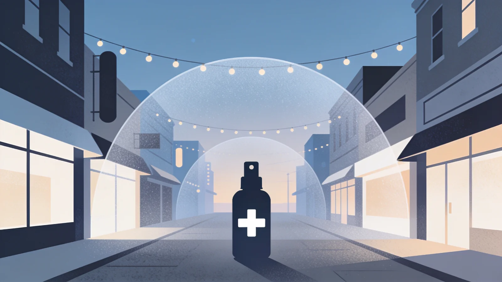 Editorial illustration of a stylized city entertainment street at dusk with geometric storefronts,…