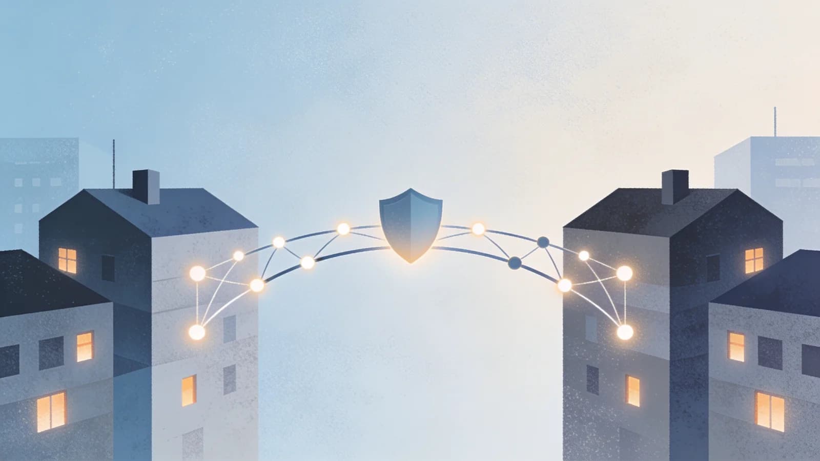 Editorial illustration of abstract city blocks connected by network lines linking two…