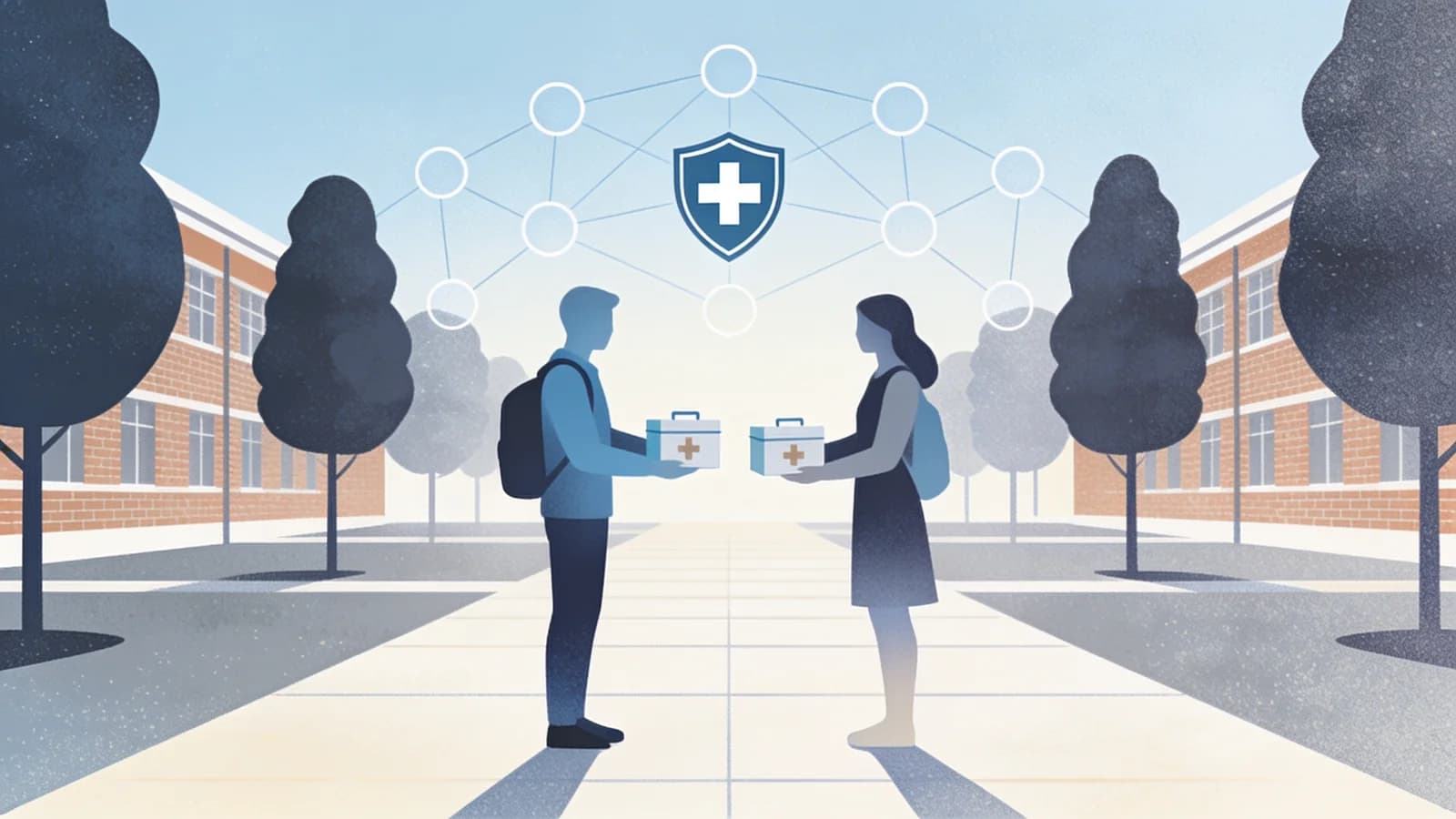 Clean editorial illustration of a university campus walkway with abstract figures passing small…
