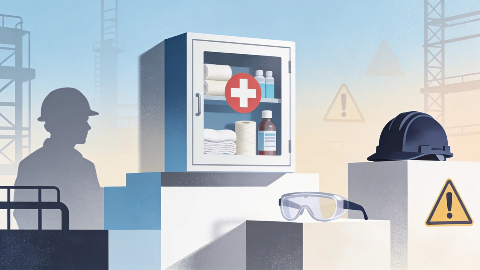 Workplace first aid station with emergency supplies in clean editorial illustration style