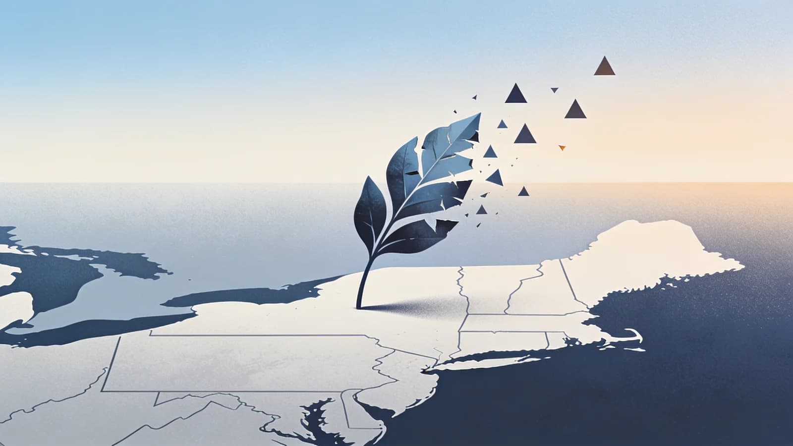 Clean editorial illustration of a stylized botanical leaf fragmenting into geometric warning…