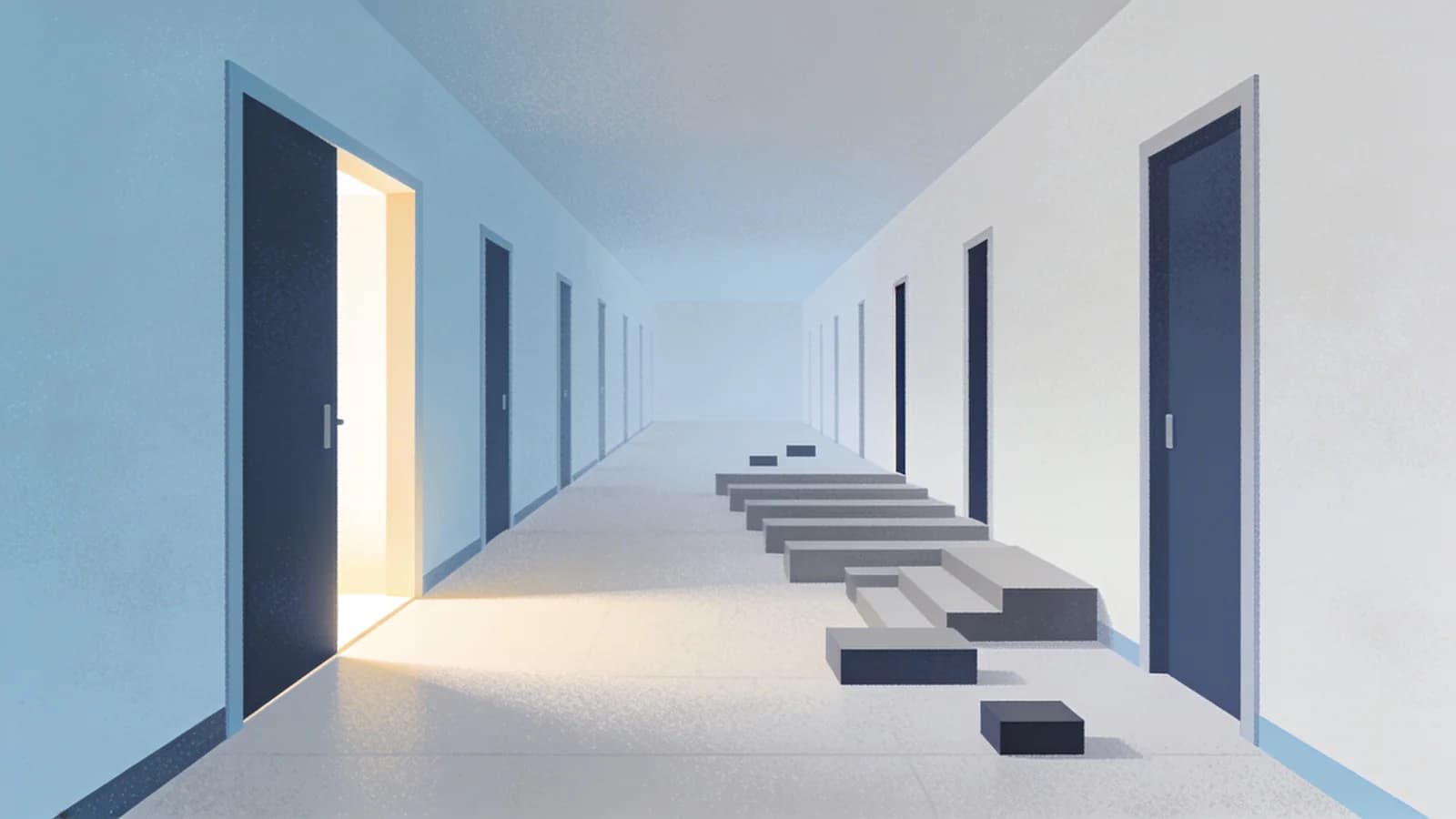 Clean editorial illustration of a corridor of doorways, one wide open and lit, the rest narrowed…