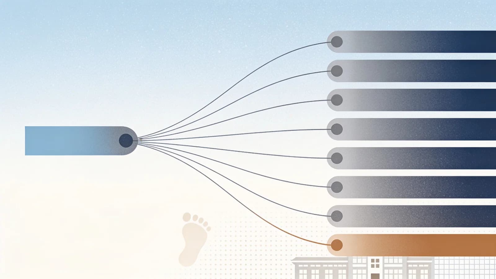 Clean editorial illustration of an abstract horizontal funding flow splitting into eleven thin…