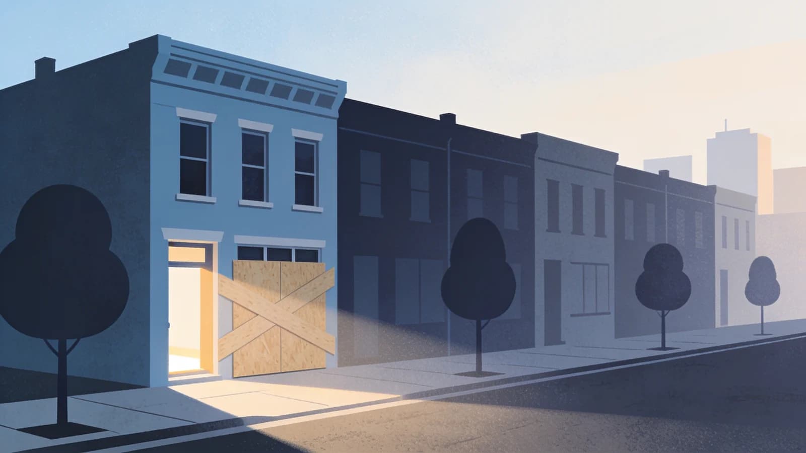 Clean editorial illustration of a city block of geometric rowhouses with one building sealed shut…