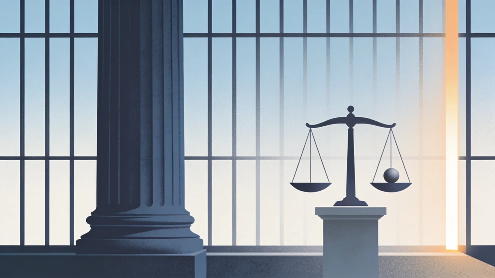 Clean editorial illustration of an abstract courthouse column beside a barred window with a narrow…