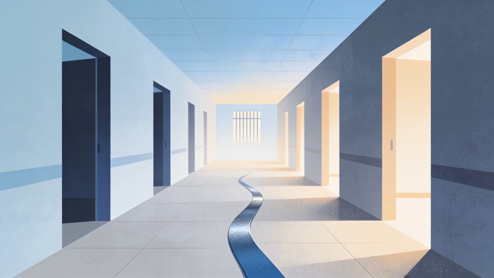 Clean editorial illustration of an abstract corridor of open rectangular doorways leading toward…