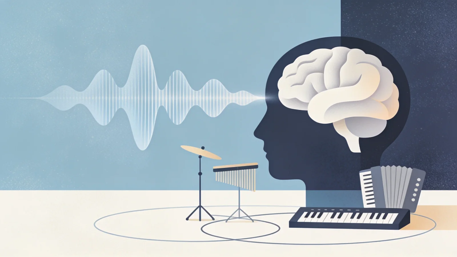 Clean editorial illustration of abstract sound waves meeting a stylized brain outline built from…