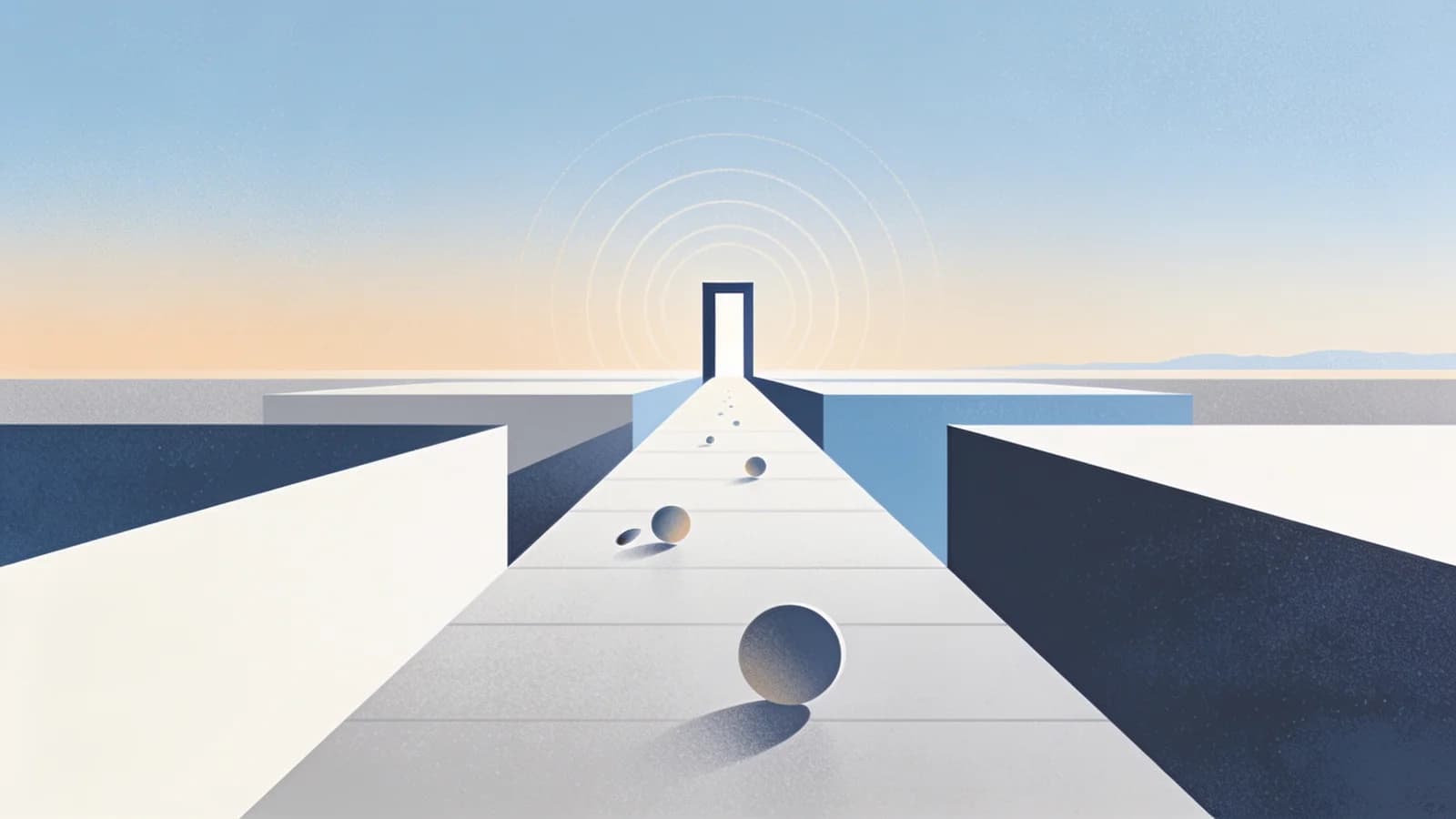 Abstract editorial illustration of a care pathway that narrows from a wide entrance to a single…
