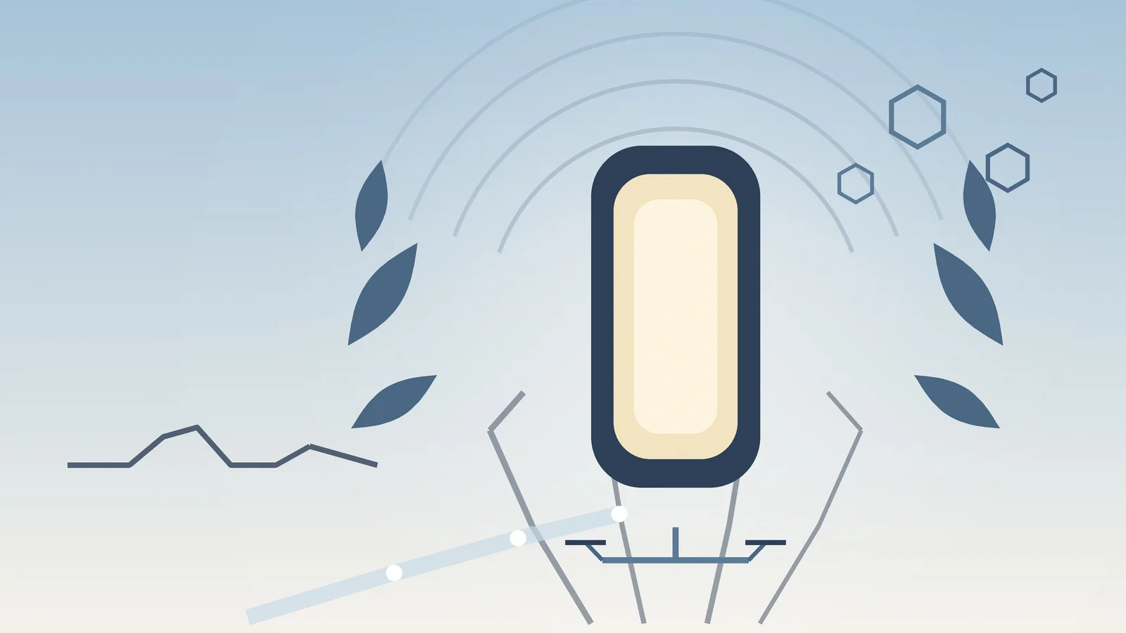 Abstract editorial illustration of an open gateway of light framed by geometric leaf shapes…
