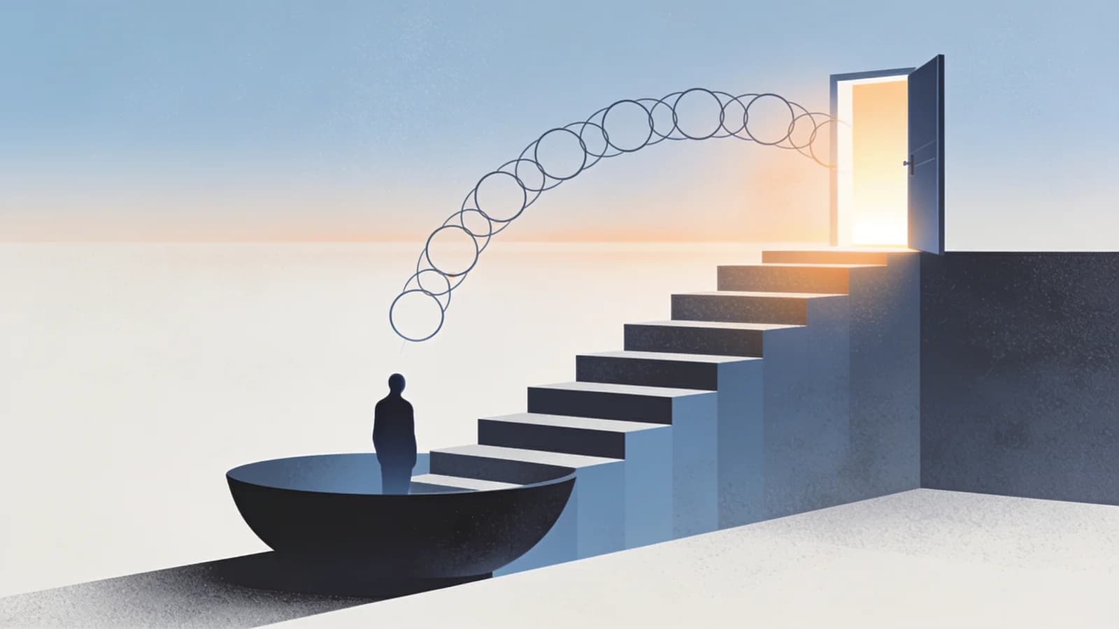 Editorial illustration of geometric steps rising from a dark basin toward a lit doorway,…