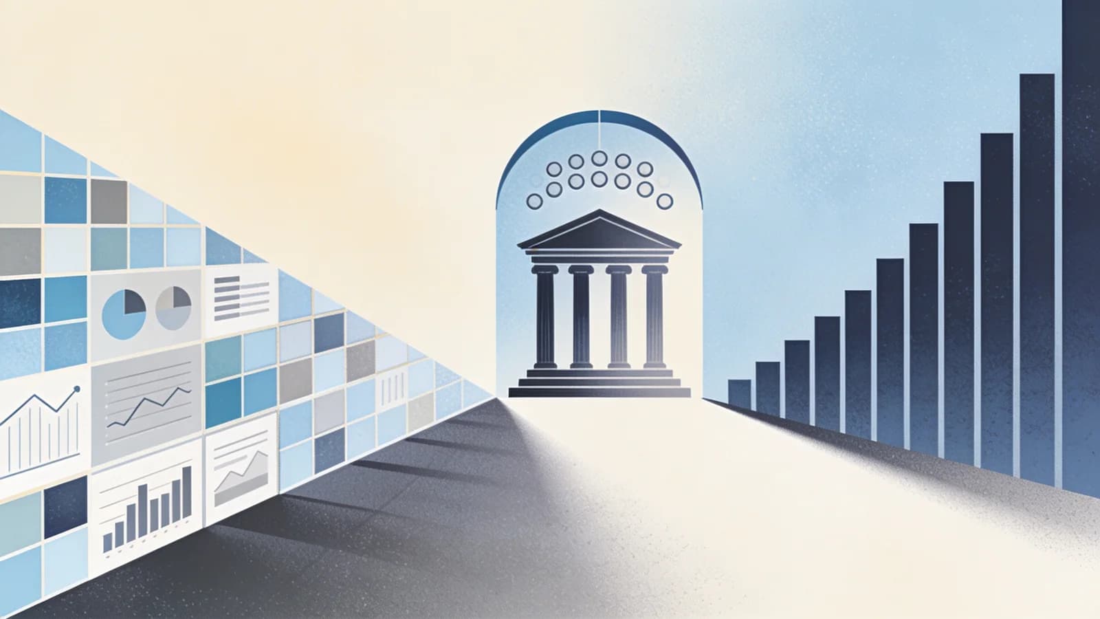 Editorial illustration of tilting grid tiles beside a courthouse column and a protective arch over…