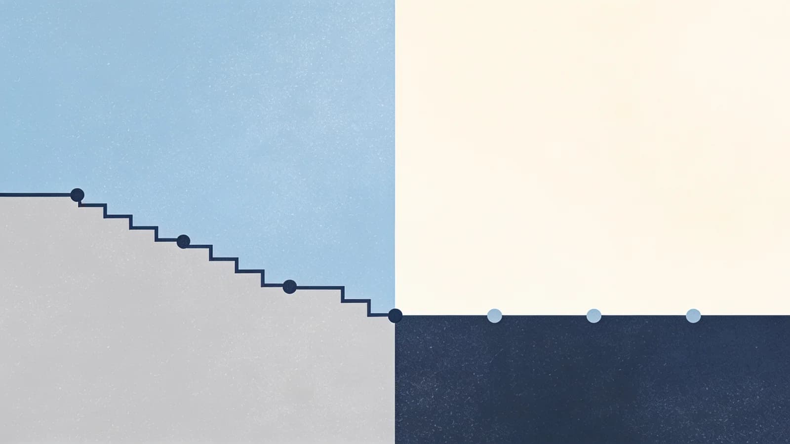 Minimal editorial line chart whose markers descend steeply on the left and level off flat on the…