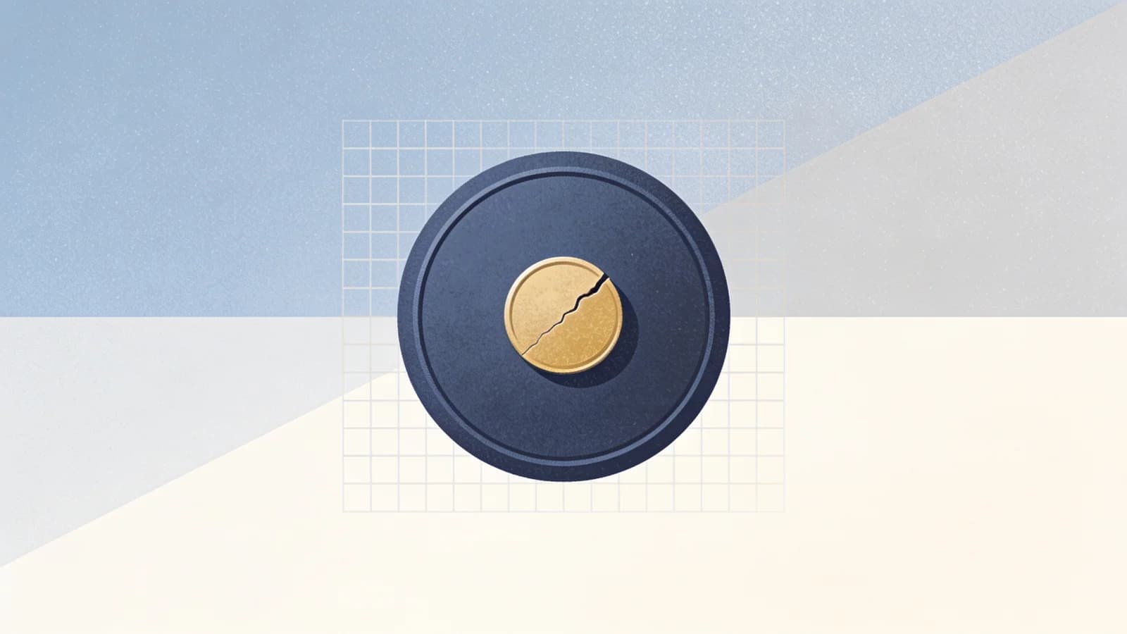 Minimal editorial illustration of a circular seal with a hairline crack crossed by a single…