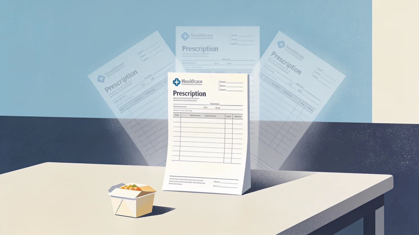 Minimal editorial illustration of a single prescription slip on a desk beside a small paper food…