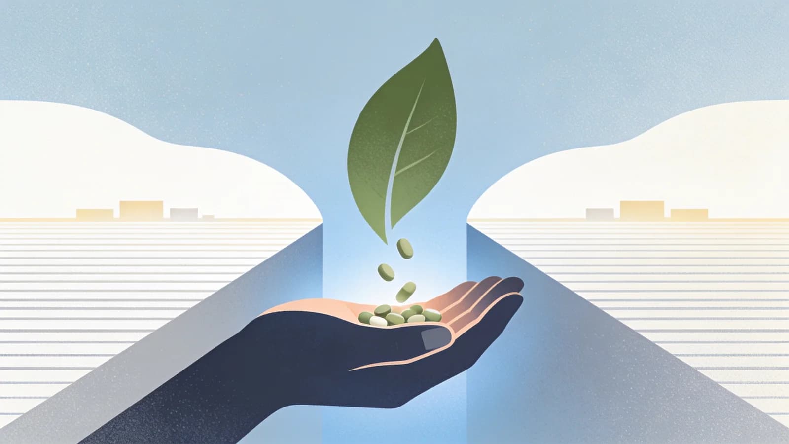 Minimal editorial illustration of an abstract green leaf shape and an open hand releasing small…
