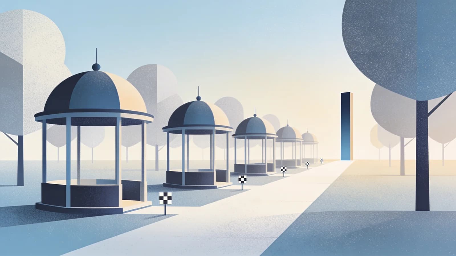 Minimal editorial illustration of a row of small round pavilions along a path through a clearing…