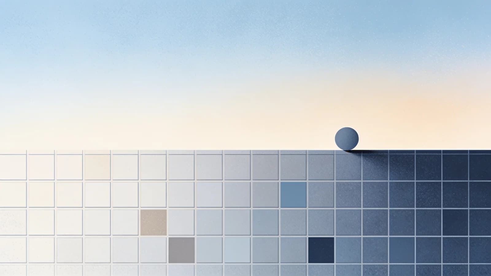 Minimal editorial illustration of a grid of small outlined squares with only a few filled in muted…