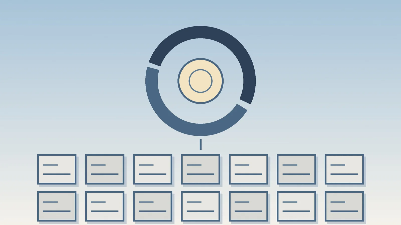 Editorial illustration of a small circle nested inside a broken ring above a dense grid of pale…