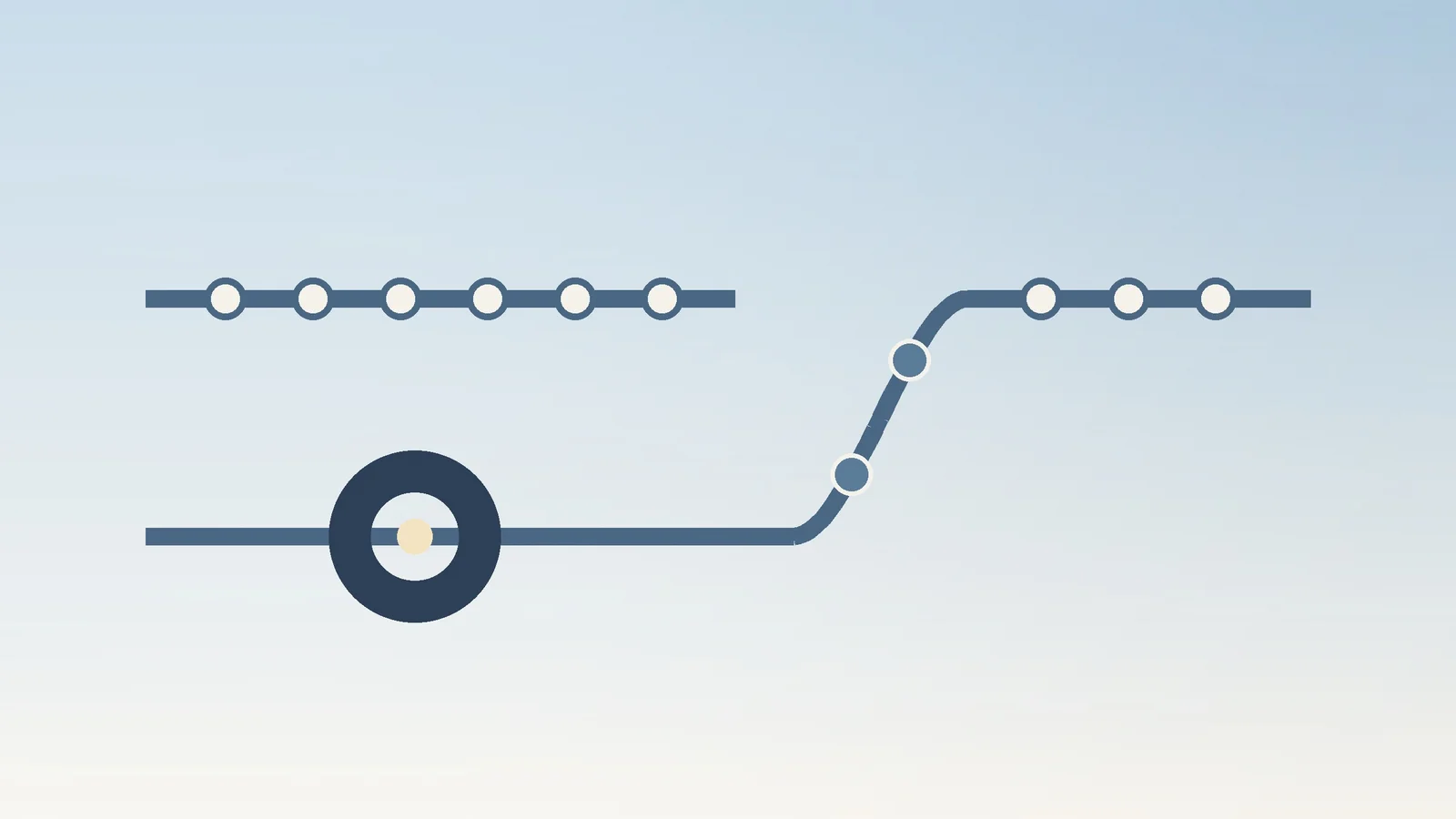 Editorial illustration of two parallel horizontal tracks of small nodes, the lower track curving…