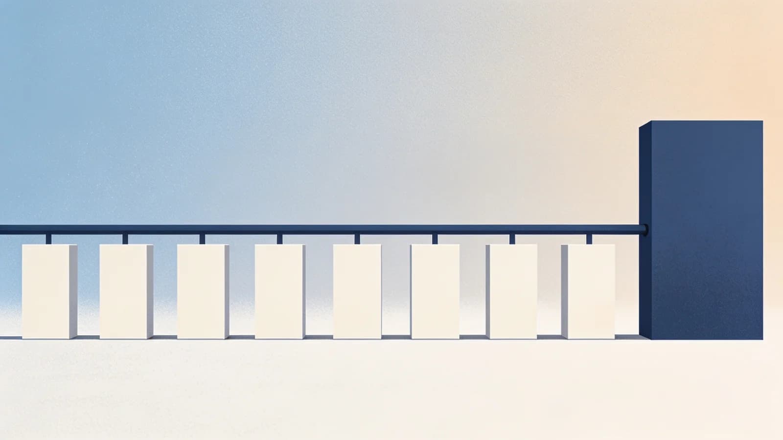 Editorial illustration of a row of separate pale treatment buildings connected by one dark rail to…